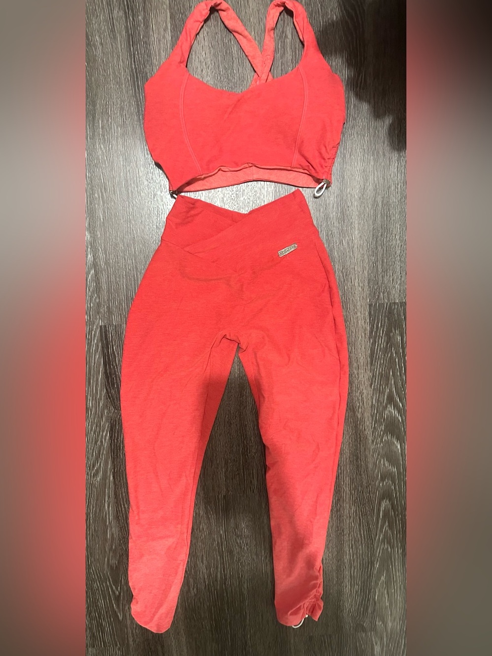 Bombshell Sportswear Coral-Red Ombré Crossback Sports Set Leggings and sport bra